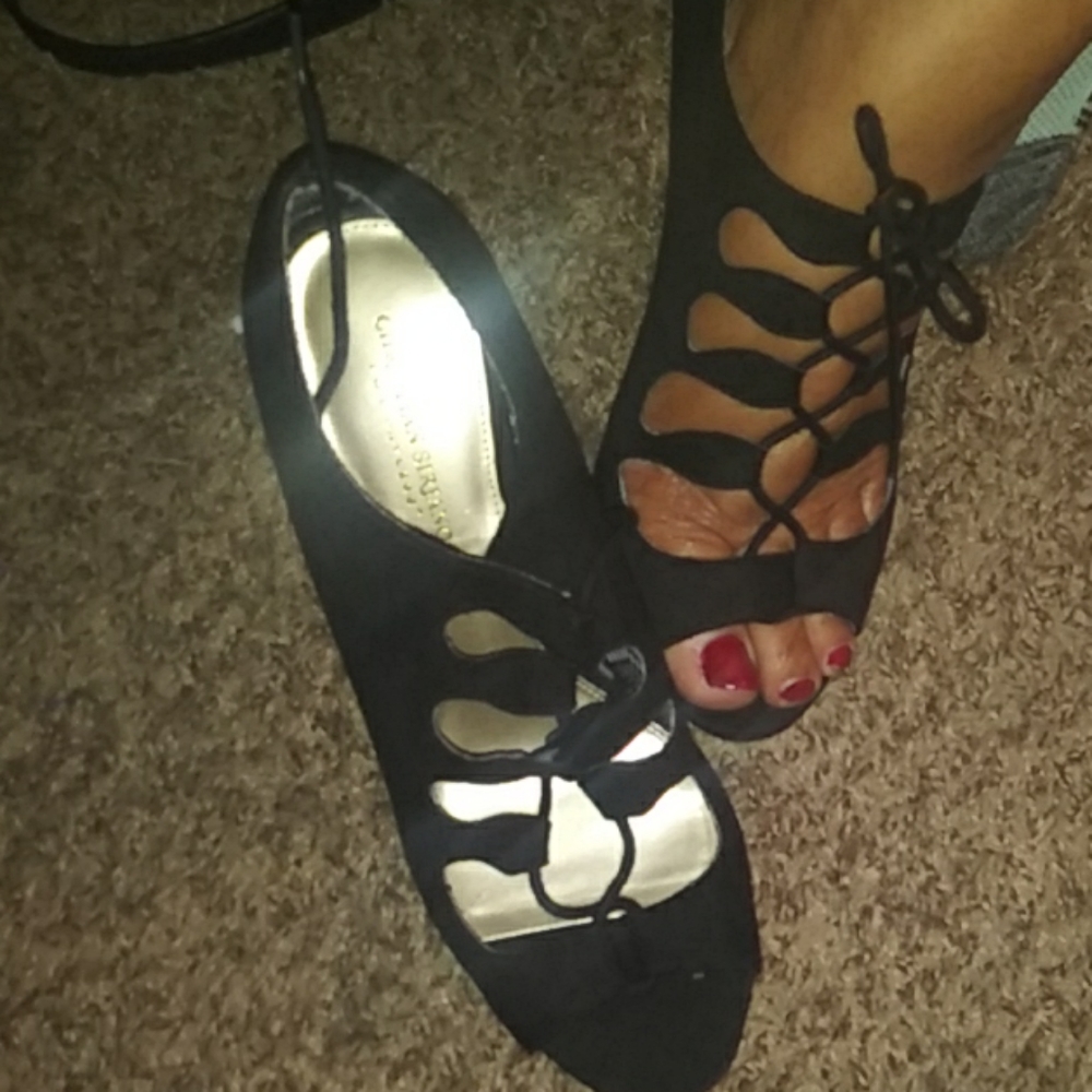 Black suede open toe heels